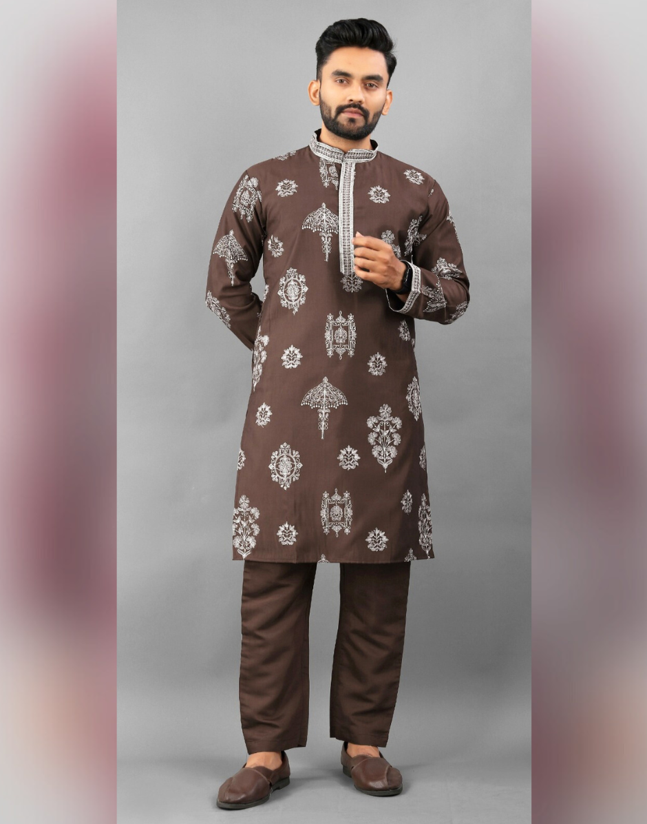 Men’s Ethnic Kurta Pyjama in Printed Art Silk with Detailed Embroidery Stylish Occasion Wear - Buy
