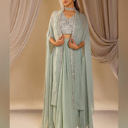 Artisanal Handwork Jacket Set in Bluish Grey Georgette & Silk Luxe Ethnic Fashion - Buy