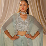 Artisanal Handwork Jacket Set in Bluish Grey Georgette & Silk Luxe Ethnic Fashion - Buy_1