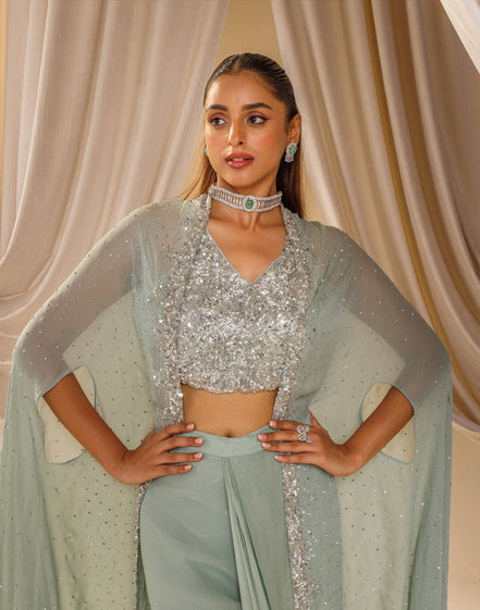 Artisanal Handwork Jacket Set in Bluish Grey Georgette & Silk Luxe Ethnic Fashion - Buy_1