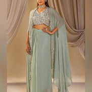 Artisanal Handwork Jacket Set in Bluish Grey Georgette & Silk Luxe Ethnic Fashion - Buy_2