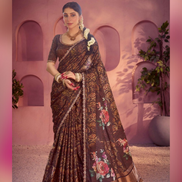 Authentic Brown Gajji Satin Silk Saree Handcrafted Gota Patti & Meenakari with Ethnic Print - Buy
