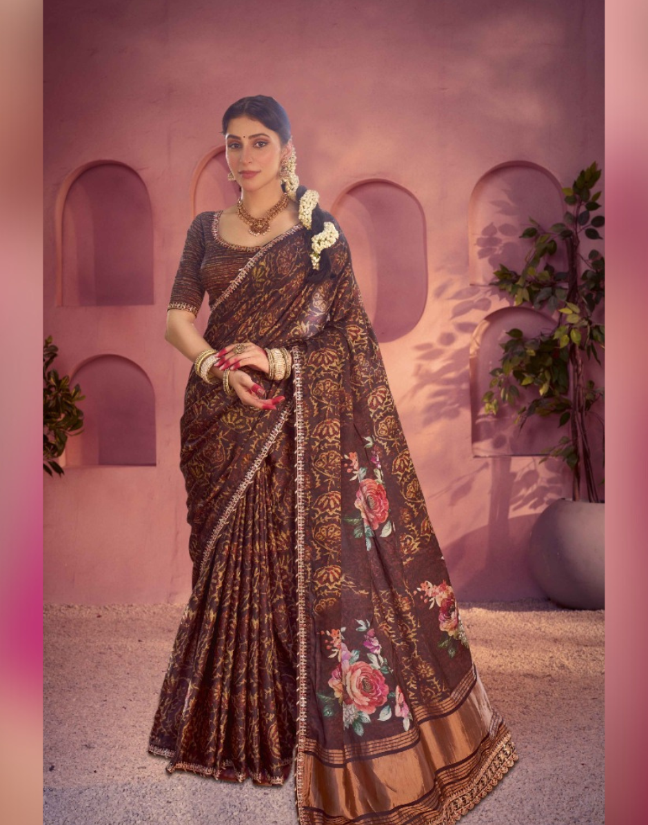 Authentic Brown Gajji Satin Silk Saree Handcrafted Gota Patti & Meenakari with Ethnic Print - Buy