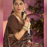 Authentic Brown Gajji Satin Silk Saree Handcrafted Gota Patti & Meenakari with Ethnic Print - Buy_1