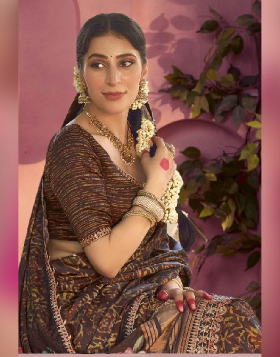 Authentic Brown Gajji Satin Silk Saree Handcrafted Gota Patti & Meenakari with Ethnic Print - Buy_1