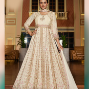 Beige Chinon Chiffon Handwork Gown Kurti Set with Dupatta Festive & Wedding Ready - Buy