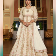 Beige Chinon Chiffon Handwork Gown Kurti Set with Dupatta Festive & Wedding Ready - Buy_1