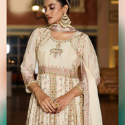 Beige Chinon Chiffon Handwork Gown Kurti Set with Dupatta Festive & Wedding Ready - Buy_2
