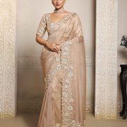 Beige Embroidered Organza Satin Saree with Dual Sequins & Stone Handwork Elegant Tissue Silk Blouse - Buy
