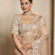Beige Embroidered Organza Satin Saree with Dual Sequins & Stone Handwork Elegant Tissue Silk Blouse - Buy_1