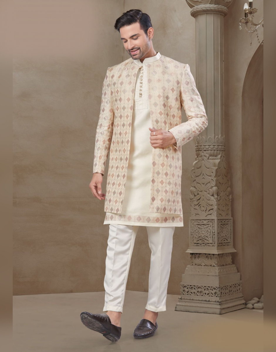 Beige Floral Print Jacquard Silk Kurta Set for Men Kurta, Pants & Jacket