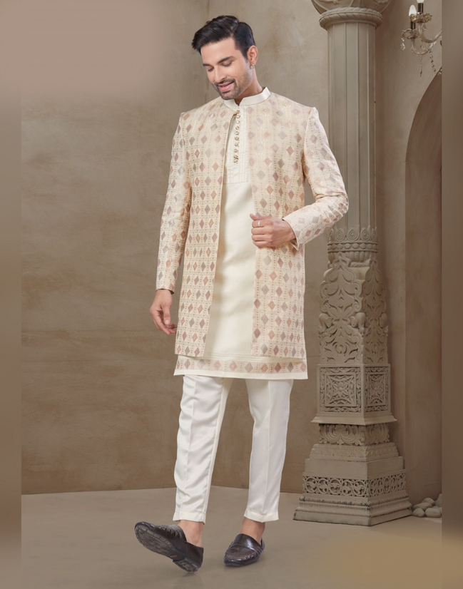 Beige Floral Print Jacquard Silk Kurta Set for Men Kurta, Pants & Jacket