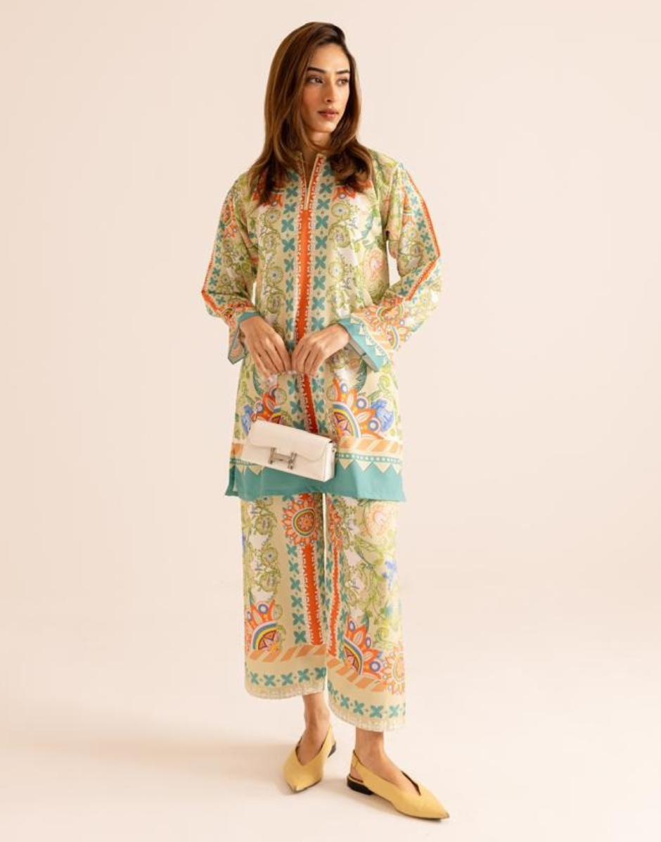 Beige Satin Crafted Top with Flared Bottoms Elegant Co-Ord Set for Effortless Chic - Buy