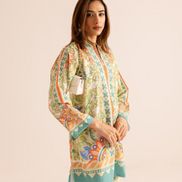 Beige Satin Crafted Top with Flared Bottoms Elegant Co-Ord Set for Effortless Chic - Buy_1