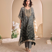 Black Pure Viscose Crepe & Organza Silk Kaftan Trendy Tulip Style with Hand Mirror & Gota Patti Embroidery - Buy