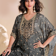Black Pure Viscose Crepe & Organza Silk Kaftan Trendy Tulip Style with Hand Mirror & Gota Patti Embroidery - Buy_2