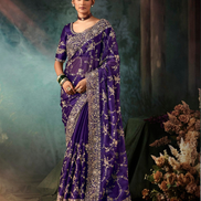Blue Aari Work Saree Fancy Fabric with Handcrafted Embroidery and Matching Blouse - Buy