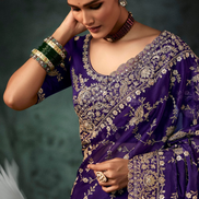 Blue Aari Work Saree Fancy Fabric with Handcrafted Embroidery and Matching Blouse - Buy_1