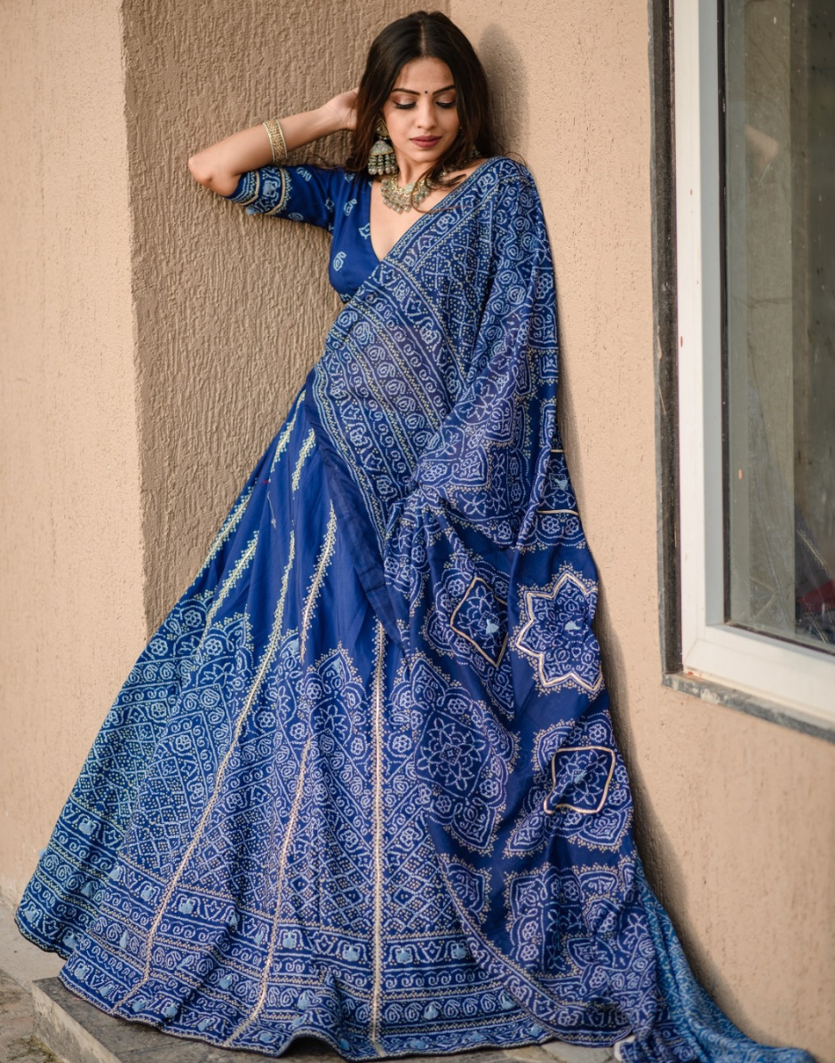 Blue Bandhani Printed Lehenga with Gota Patti Work & Dupatta Perfect for Weddings & Festive Celebrations - Buy_1
