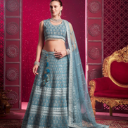 Blue Hand Embroidered Lehenga Set with Mirror Highlights & Latkan Tassels - Buy