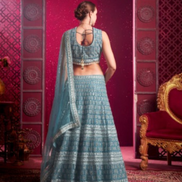Blue Hand Embroidered Lehenga Set with Mirror Highlights & Latkan Tassels - Buy_1