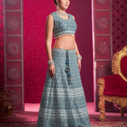 Blue Hand Embroidered Lehenga Set with Mirror Highlights & Latkan Tassels - Buy_2