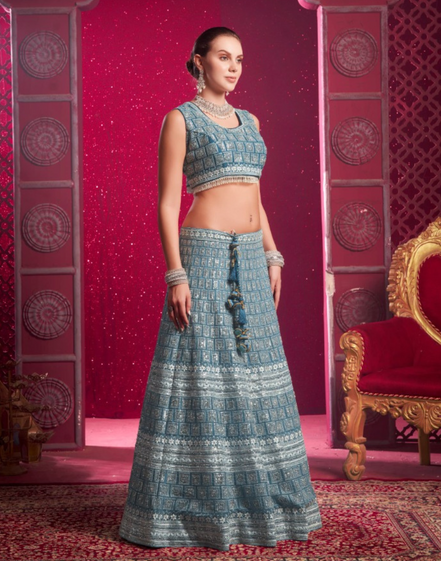 Blue Hand Embroidered Lehenga Set with Mirror Highlights & Latkan Tassels - Buy_2