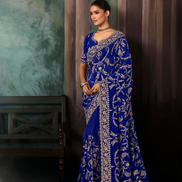 Blue Premium Fancy Saree Aari & Handwork Embroidery with Matching Blouse - Buy