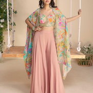 Blush Pink Chinon Silk Co-Ord Set Embroidered Shrug, Hand-Embellished Blouse & Palazzo