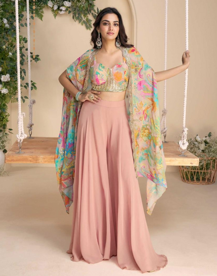 Blush Pink Chinon Silk Co-Ord Set Embroidered Shrug, Hand-Embellished Blouse & Palazzo