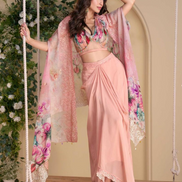 Blush Pink Embroidered Chinon Silk Shrug Set Hand Embellished Blouse & Palazzo
