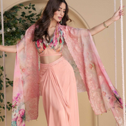 Blush Pink Embroidered Chinon Silk Shrug Set Hand Embellished Blouse & Palazzo_1