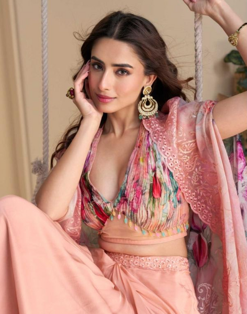 Blush Pink Embroidered Chinon Silk Shrug Set Hand Embellished Blouse & Palazzo_2