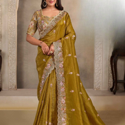 Brown Embellished Crush Paper Silk Saree with Handcrafted Sequins, Pearls & Threadwork Satin Blouse - Buy