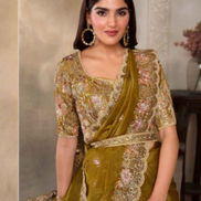 Brown Embellished Crush Paper Silk Saree with Handcrafted Sequins, Pearls & Threadwork Satin Blouse - Buy_1