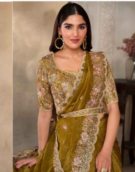 Brown Embellished Crush Paper Silk Saree with Handcrafted Sequins, Pearls & Threadwork Satin Blouse - Buy_1