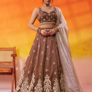 Brown Tissue Lehenga Choli Set with Sequin Embroidered Blouse and Dupatta for Wedding & Festive Wear - Buy