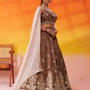Brown Tissue Lehenga Choli Set with Sequin Embroidered Blouse and Dupatta for Wedding & Festive Wear - Buy_3