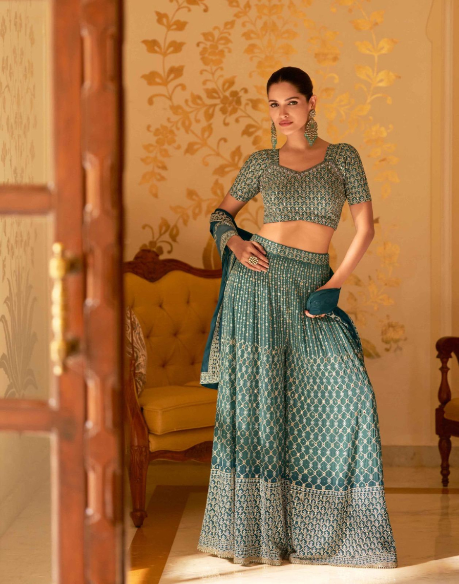 Celebrate in Style Green Heavy Embroidered Georgette Palazzo Blouse with Dupatta - Buy