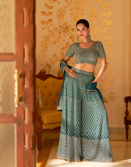 Celebrate in Style Green Heavy Embroidered Georgette Palazzo Blouse with Dupatta - Buy