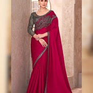 Cherry Red Ethnic Elegance Pure Chiffon Saree with Linen Embroidered Blouse - Buy