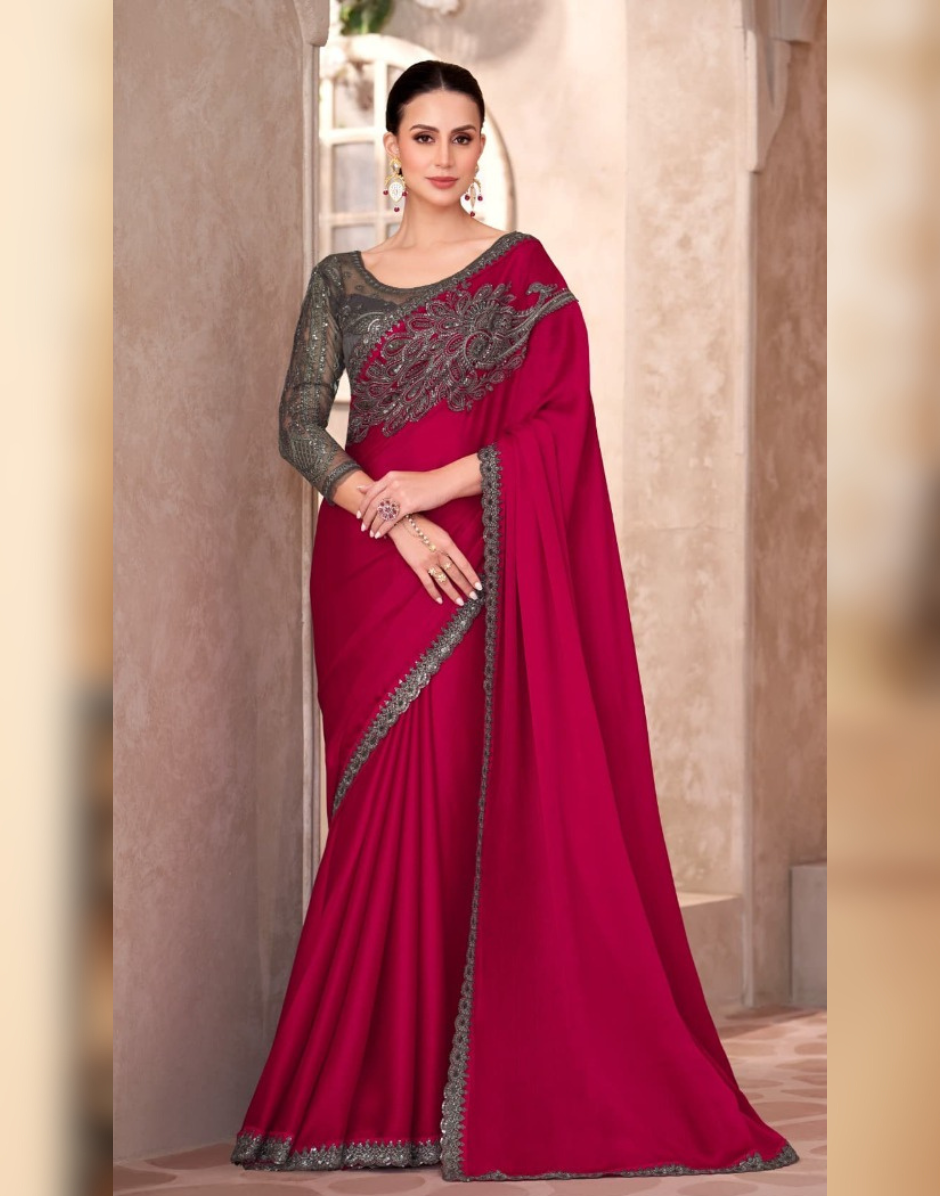 Cherry Red Ethnic Elegance Pure Chiffon Saree with Linen Embroidered Blouse - Buy