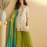 Chic Beige Chinon Silk Palazzo Set Embroidered Top and Dupatta Included
