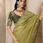 Chic Mehendi Green Satin Organza Saree with Sparkling Sequins & Stone Detailing with Satin Blouse - Buy_1