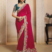 Chic Pink Dual Tone Satin Saree with Artistic Thread Embroidery & Multi-Stone Satin Blouse - Buy