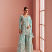 Chic Sky Blue Halter Ethnic Set Front & Back Bead Embroidery with Palazzo & Dupatta - Buy