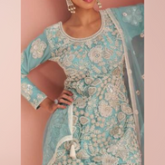 Chic Sky Blue Halter Ethnic Set Front & Back Bead Embroidery with Palazzo & Dupatta - Buy_2