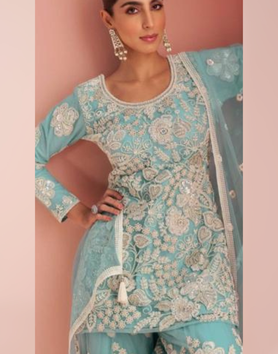 Chic Sky Blue Halter Ethnic Set Front & Back Bead Embroidery with Palazzo & Dupatta - Buy_2