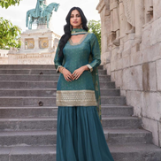 Chic & Traditional Green Embroidered Chinon Kurta Set with Palazzo and Embroidery - Buy