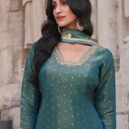 Chic & Traditional Green Embroidered Chinon Kurta Set with Palazzo and Embroidery - Buy_1